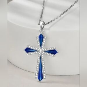 Elegant Blue and Silver Cross Pendant Necklace